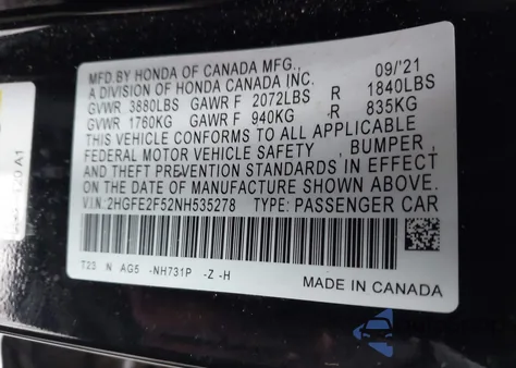 2022 Honda Civic Sport из США, поврежденный, VIN 2HGFE2F52NH535278